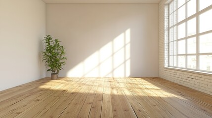 Empty white room with a large window, wooden floor and a potted plant, sunlight streaming in.