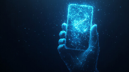 Phone in a Hand with Python Language Symbol on Mobile Screen: Coding Software Concept. Abstract Digital Wireframe, Low Poly Mesh, Polygonal Raster Blue Neon 3D Illustration Featuring Triangles, Lines,