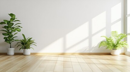 Minimalist interior design with white wall, wooden floor and sunlight streaming through the window, with potted plants.
