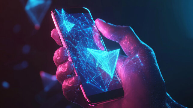 Phone in a Hand with Python Language Symbol on Mobile Screen: Coding Software Concept. Abstract Digital Wireframe, Low Poly Mesh, Polygonal Raster Blue Neon 3D Illustration Featuring Triangles, Lines,