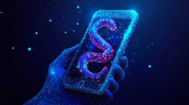Phone in a Hand with Python Language Symbol on Mobile Screen: Coding Software Concept. Abstract Digital Wireframe, Low Poly Mesh, Polygonal Raster Blue Neon 3D Illustration Featuring Triangles, Lines,