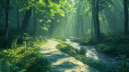 Obraz premium Serene forest pathway beside flowing river in lush, sunlit woodland during daytime