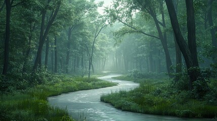Obraz premium Serene forest with winding river, lush green trees, and calm atmosphere