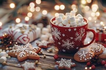 Christmas gingerbread cookies and hot chocolate with marshmallows.