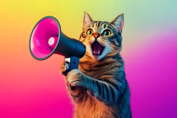 Fototapeta premium A tabby cat excitedly speaks into a large megaphone