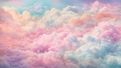 A serene sky filled with fluffy pastel clouds, creating a dreamy atmosphere.