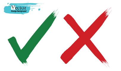 Hand drawn of Green check mark and Red cross isolated. Right and wrong icon. Vector illustration. Hand drawn Check mark buttons. Vector illustration. Cross x and tick v OK check mark vector. ok