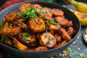 Fototapeta premium Deep fried Nigerian plantains a local staple in Africa.