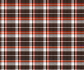 Plaid fabric pattern, brown, white, orange, outstanding, elegant, seamless, for textiles, and for designing clothes, skirts, pants or decorative fabrics. Vector illustration.