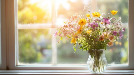 A vibrant mix of wildflowers sits in a clear vase, basking in warm sunlight streaming through a window. Generative AI