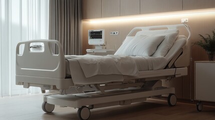 Fototapeta premium A modern hospital room featuring a clean, adjustable patient bed under soft lighting, designed for comfort and care.