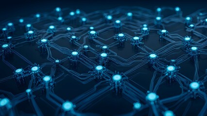 A network of interconnected nodes and circuits, symbolizing technology and data flow.