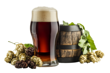 A refreshing glass of dark beer beside a wooden barrel and fresh hops on a white background.