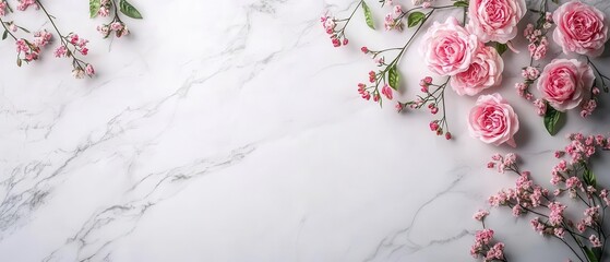 Elegant pink roses and delicate blooms on a marble surface, perfect for floral design, wedding, or nature-themed projects.