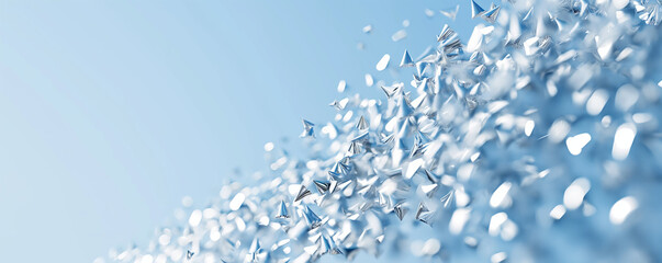 Abstract sparkling background with silver particles creating a dynamic visual effect against a light blue hue