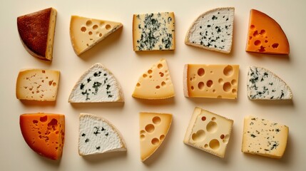 Variety of cheeses arranged on a neutral background showcasing texture and color differences