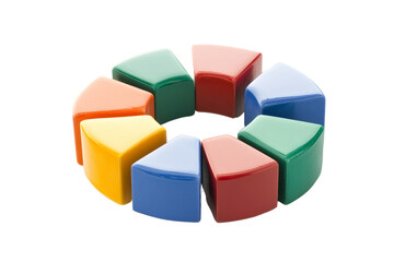 Colorful geometric shapes arranged in a circular pattern on a white isolated background.