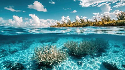 Fototapeta premium Clear blue underwater view of the Caribbean seabed with small sand dunes. Plenty of room for copy.