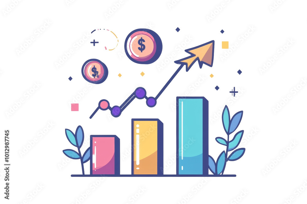 Fototapete Business graph icon featuring an upward arrow, designed as a vector infographic that illustrates data trends and collections with various chart types