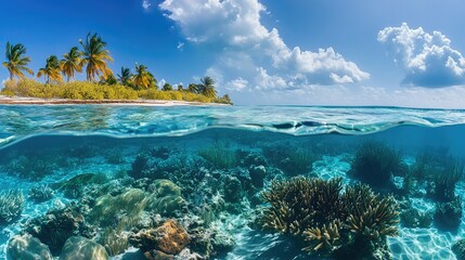 Crystal clear underwater view of the Caribbean Sea, showcasing coral formations and ample space for text.
