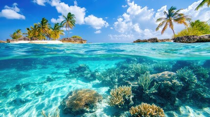 Crystal clear underwater view of the Caribbean Sea, showcasing coral formations and ample space for text.