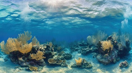 Fototapeta premium Crystal clear underwater view of the Caribbean Sea, showcasing coral formations and ample space for text.