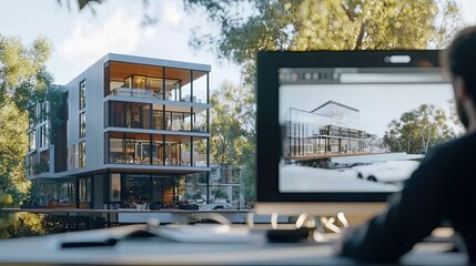 Obraz premium Architect or designer at his desk, working with a computer, a sketch or a concept.