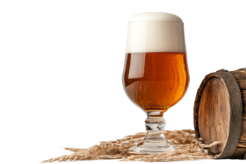 Craft beer served in a glass with a frothy head, alongside a wooden barrel and barley, set against a white isolated background.
