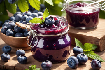 Delicious jam blueberry on natiural background concept of healthy and dieting


