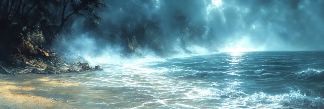 Misty beach at dusk with rolling waves