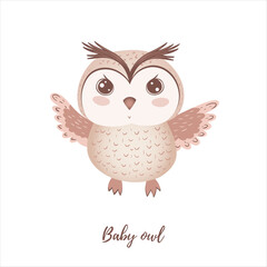 Simple vector beige baby owl. Nursery animal. Scandinavian style. Forest friends. Isolated on a white background. Great for any designs, textile, art, walls, package