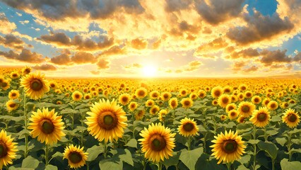 Obraz premium A vibrant sunflower field under a golden sunset sky.