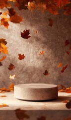 46. A stylish product podium featuring warm autumn colors, surrounded by falling leaves and soft textures, creating an inviting atmosphere for product presentation