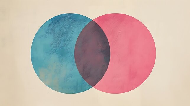 A simple minimal art design of two overlapping pastel circles, one pink and one blue, on a light beige background, evoking calm and balance. 8k UHD, suitable for high-quality printing or digital 
