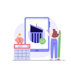 House for Sale. Woman Buying Home with Key and Shopping Cart. People Choosing House Online. Concept of Purchase Real Estate, Buy House, Mortage. Vector illustration for Web Design, Landing Page