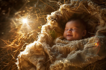 Newborn Jesus in the Nativity Scene Illuminated by Divine Light Representing Christian Faith and Miracle of Christmas