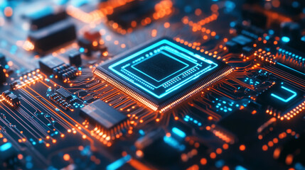 A futuristic image of a computer circuit board. Blue lines connect electronic parts, highlighting the complexity of technology. The board features a chip, processor, and semiconductor.