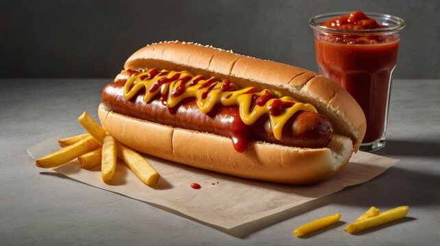hotdog or hot dog is a dish consisting of a grilled, steamed, or boiled sausage served in the slit of a half sliced bun served with french fries, ketchup and mustard.