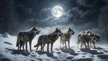 Pack of Wolves Howling at Full Moon (Alternate)