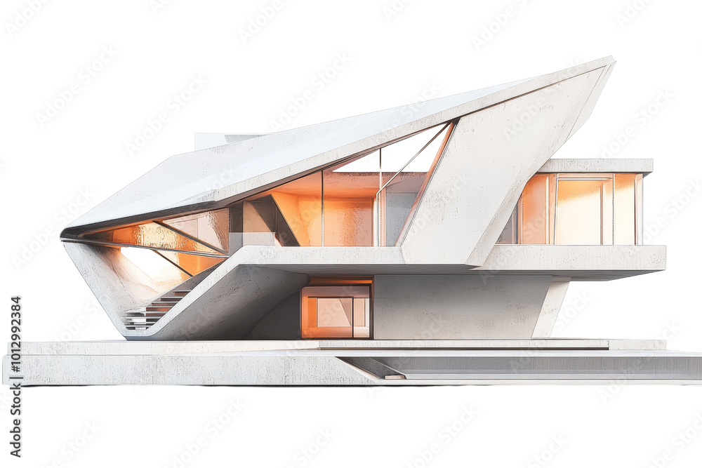 Poster Modern architectural design featuring a unique angular structure with large glass windows and a sleek concrete finish.
