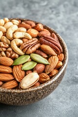 A variety of mixed nuts in a rustic bowl on a gray background.