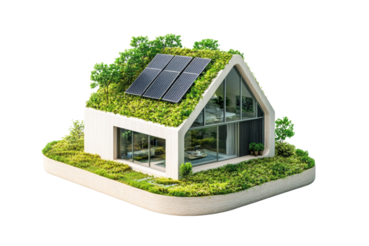 Modern eco-friendly house with solar panels and green roof, surrounded by lush greenery.