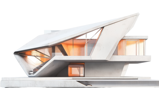 Modern architectural design featuring a unique angular structure with large glass windows and a sleek concrete finish.