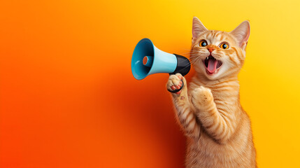 A tabby cat excitedly speaks into a large megaphone