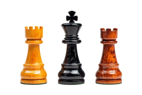 Three distinct chess pieces showcasing unique designs, perfect for chess enthusiasts and game lovers.