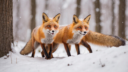 Obraz premium Pair of Red Foxes Playing in Snowy Field