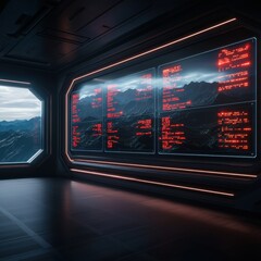 Futuristic control room with red data displays and mountain views.