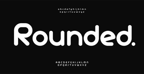 Rounded sans serif font, minimalistic geometric letters, softened sleek design for contemporary logo, bold headline, clean typography. Stylish readable unadorned clarity alphabet. Vector typeset