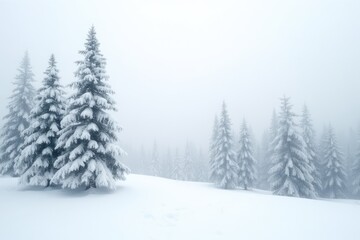 Tranquil winter landscape with snow-covered evergreen trees in dense fog