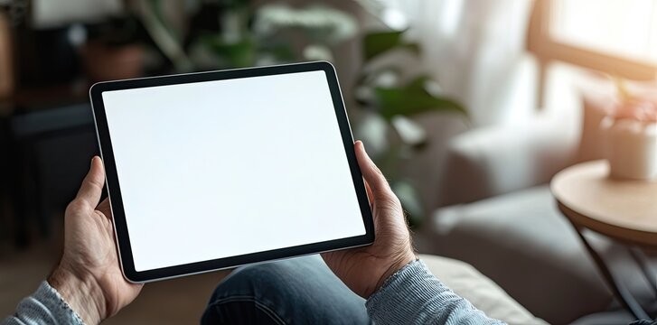 Close up of male hands using digital tablet with blank white screen